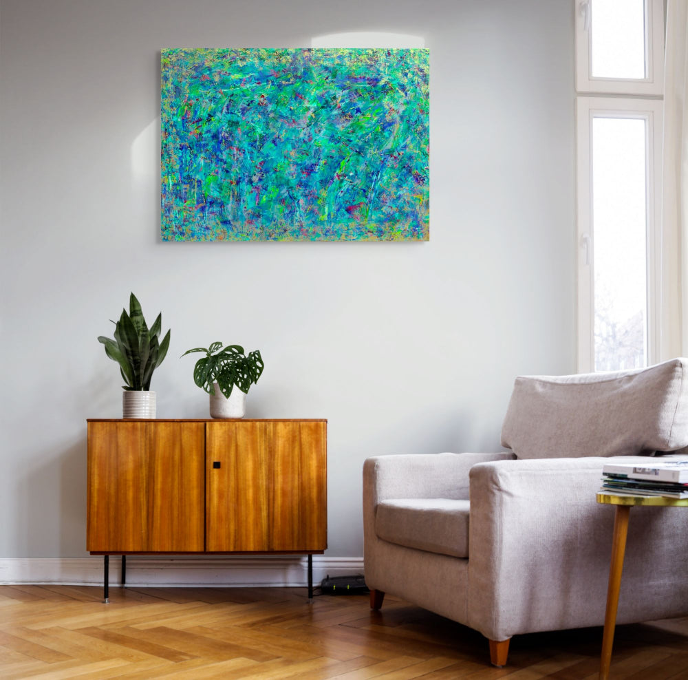 Living room with a wooden sideboard, gray sofa, and abstract painting on the wall. Abstract painting, Multi-colour original painting titled Opium by Julie Bevan Art
