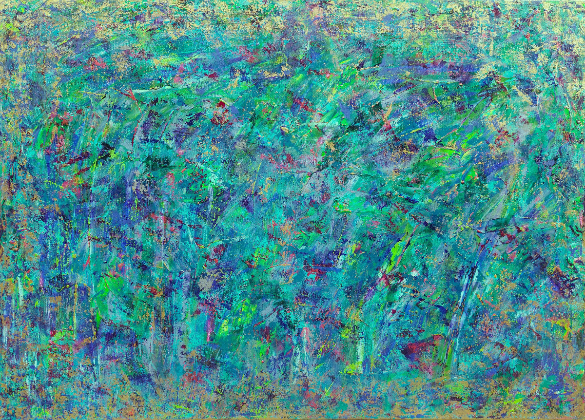 Abstract painting with a variety of green, blue, and gold, original canvas painting titled Opium