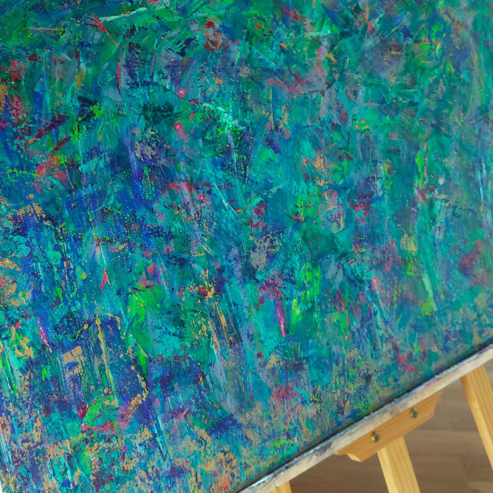 Abstract painting on a canvas with a wooden easel, Multi-colour original painting titled Opium by Julie Bevan Art