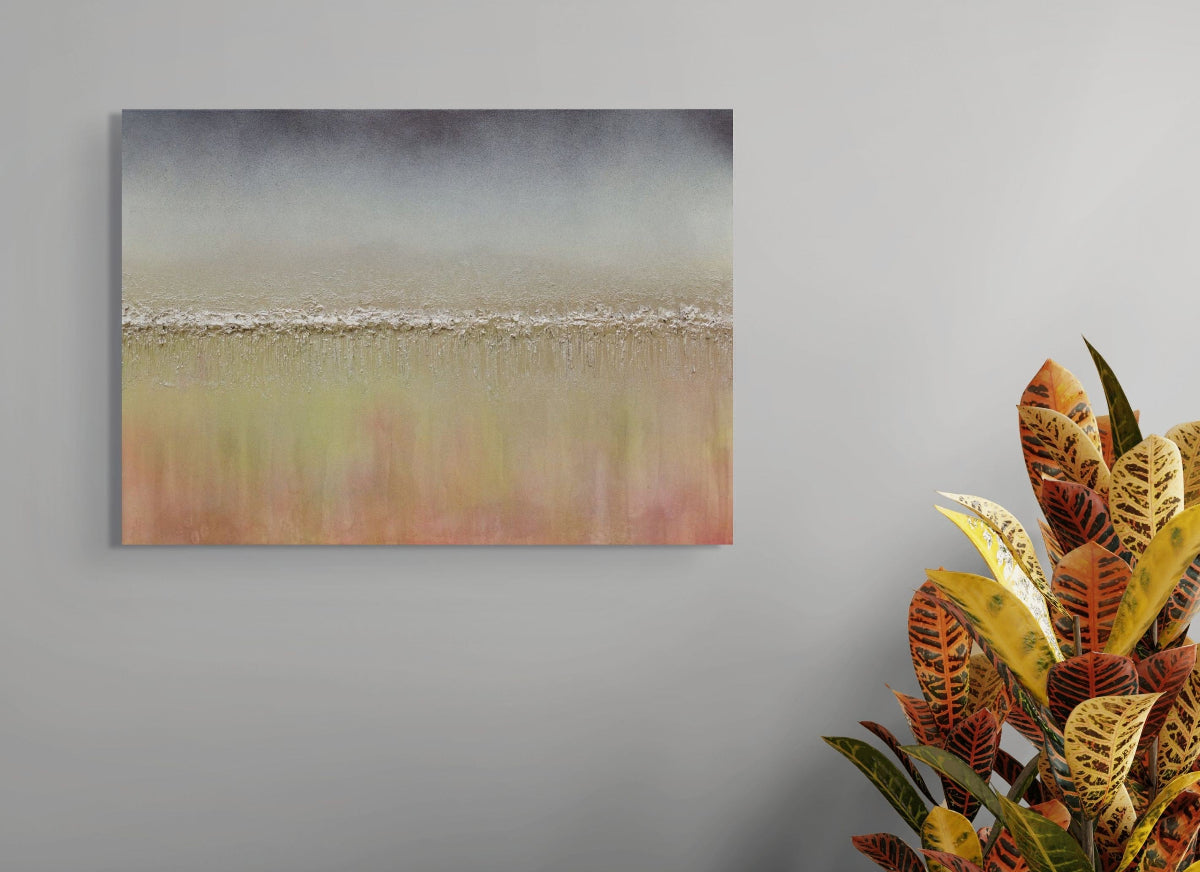 Abstract painting on a gray wall with a plant in the foreground Otoño textured abstract original painting by Julie Bevan
