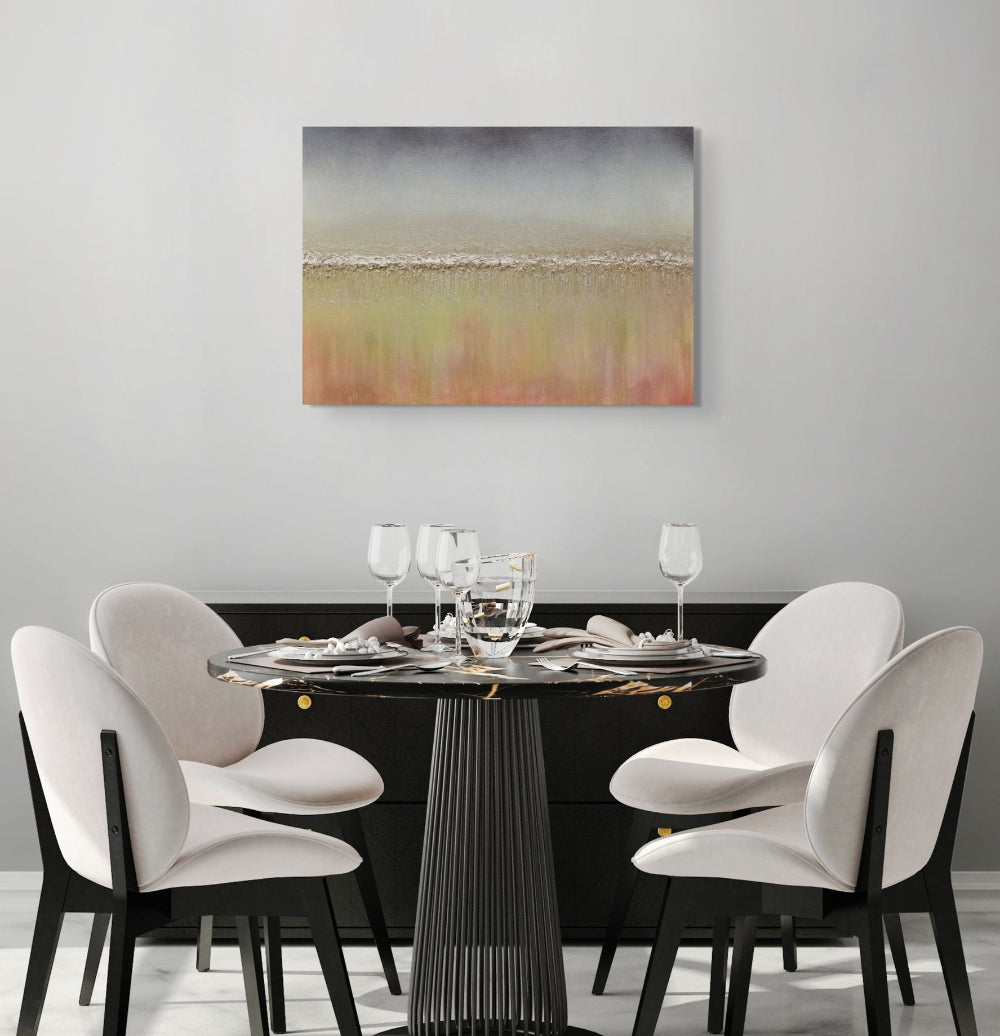 Dining room with a round table and white chairs, featuring a painting on the wall. Otoño textured abstract original painting by Julie Bevan