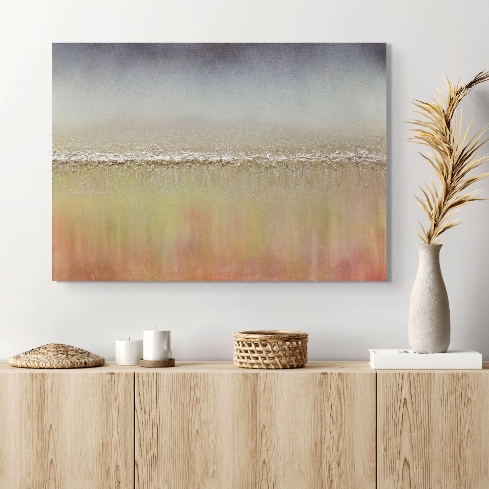Abstract painting on a wall above a wooden console table with decorative items. Otoño textured abstract original painting by Julie Bevan