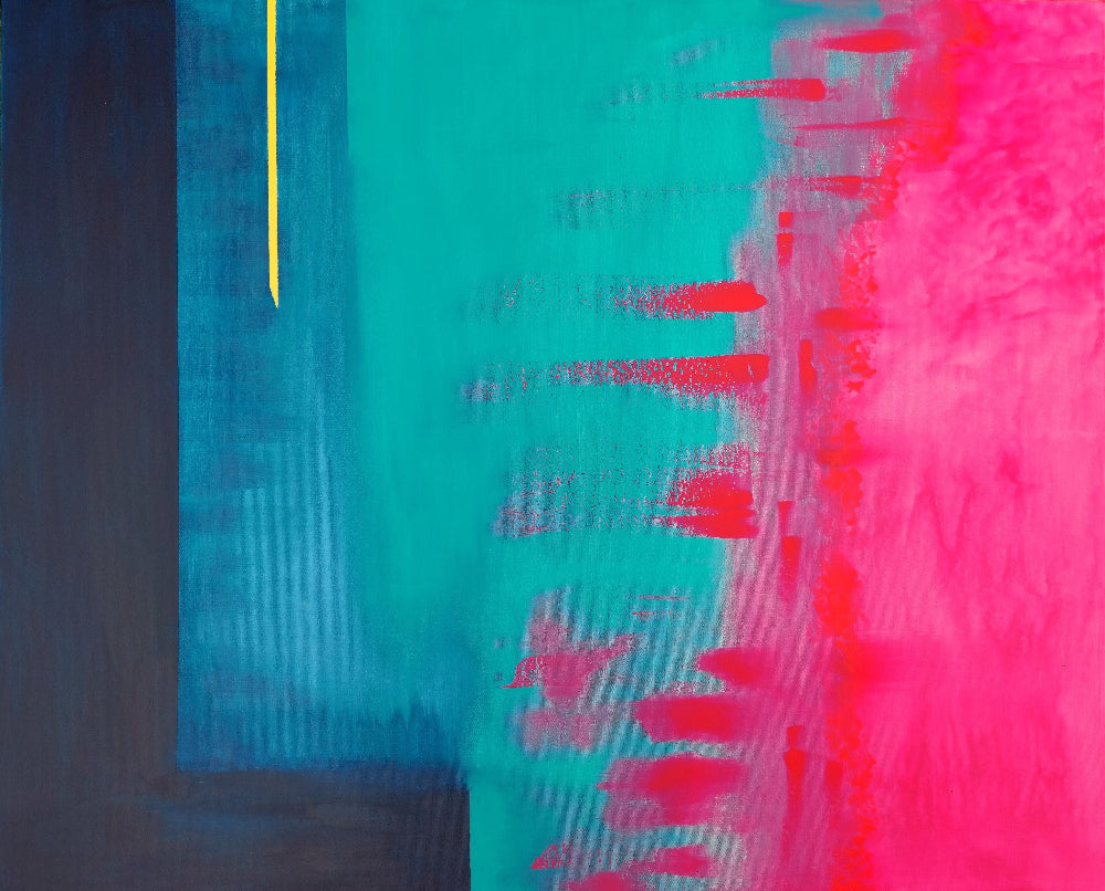 Abstract art with blue, pink, and yellow brush strokes on a textured background, Abstract Original painting titled Outside the Box by Julie Bevan