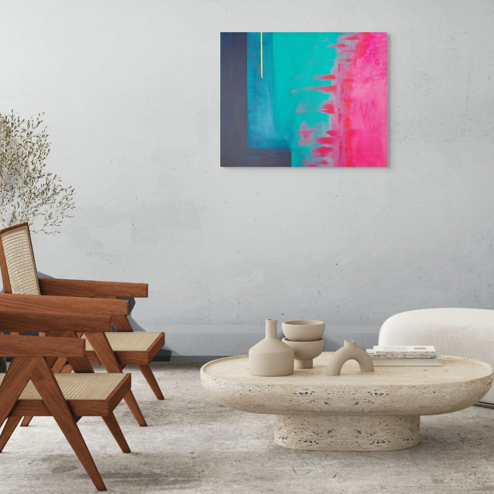 Modern living room with a colorful abstract painting on the wall, wooden chairs, and a white sofa. Abstract Original painting titled Outside the Box by Julie Bevan