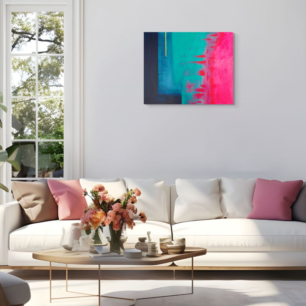 Modern living room with a colourful abstract painting on the wall, white sofa, and coffee table. Abstract Original painting titled Outside the Box by Julie Bevan