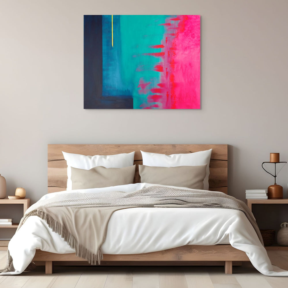 Modern bedroom with a bed, nightstands, and a colorful abstract painting on the wall. Abstract Original painting titled Outside the Box by Julie Bevan