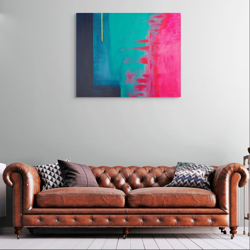 Living room with a brown leather sofa, abstract painting on the wall, and side table. Abstract Original painting titled Outside the Box by Julie Bevan