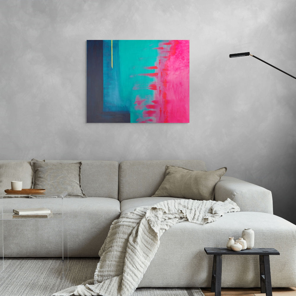 Modern living room with a gray sofa, abstract painting, and decorative items. Abstract Original painting titled Outside the Box by Julie Bevan