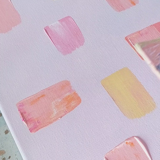 Colorful abstract pattern with pastel shades on a light blue/pink background. Hand painted acrylic canvas painting titled gelato