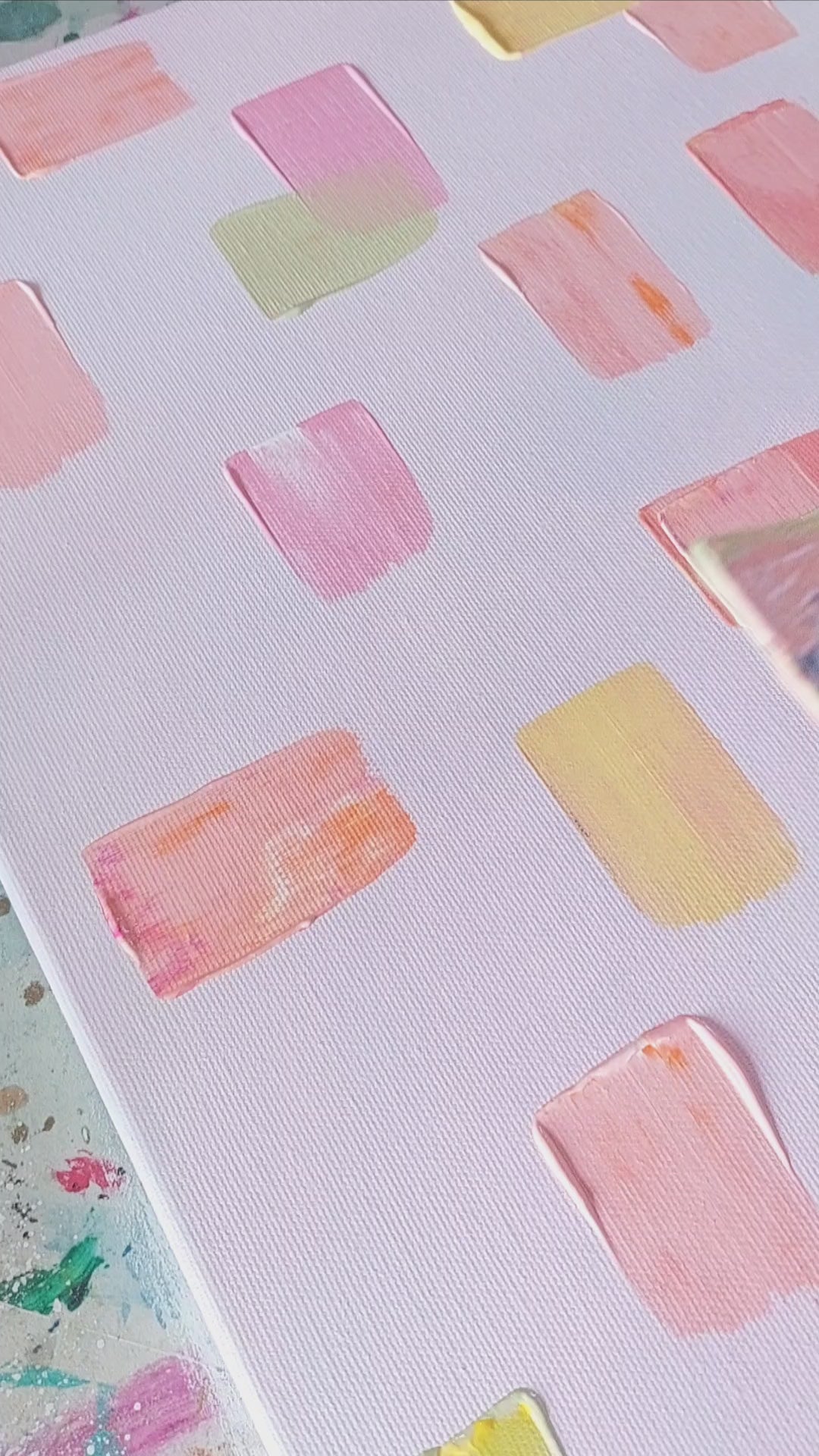 Colorful abstract pattern with pastel shades on a light blue/pink background. Hand painted acrylic canvas painting titled gelato