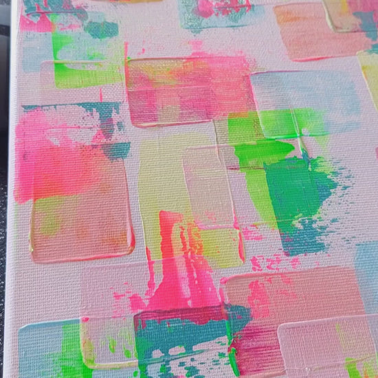 Colorful abstract pattern with pastel shades on a light blue/pink background. Hand painted acrylic canvas painting titled gelato