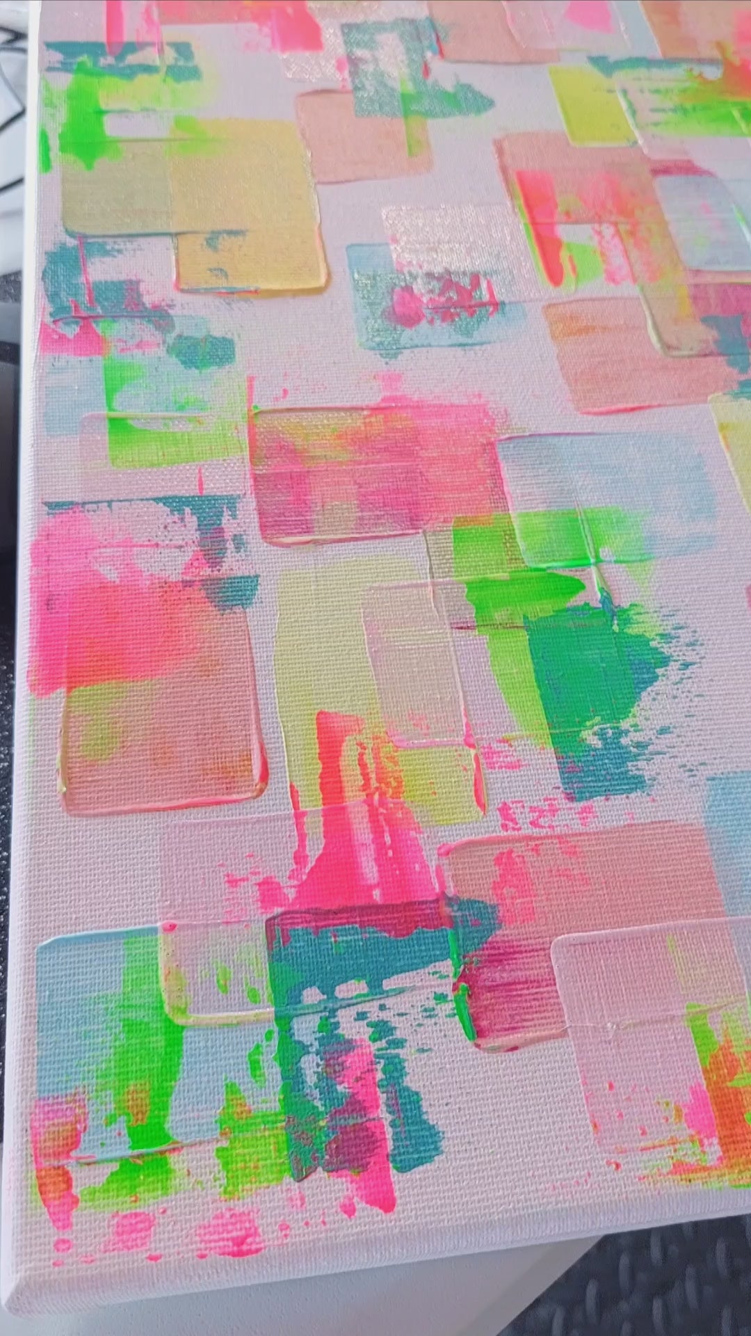 Colorful abstract pattern with pastel shades on a light blue/pink background. Hand painted acrylic canvas painting titled gelato