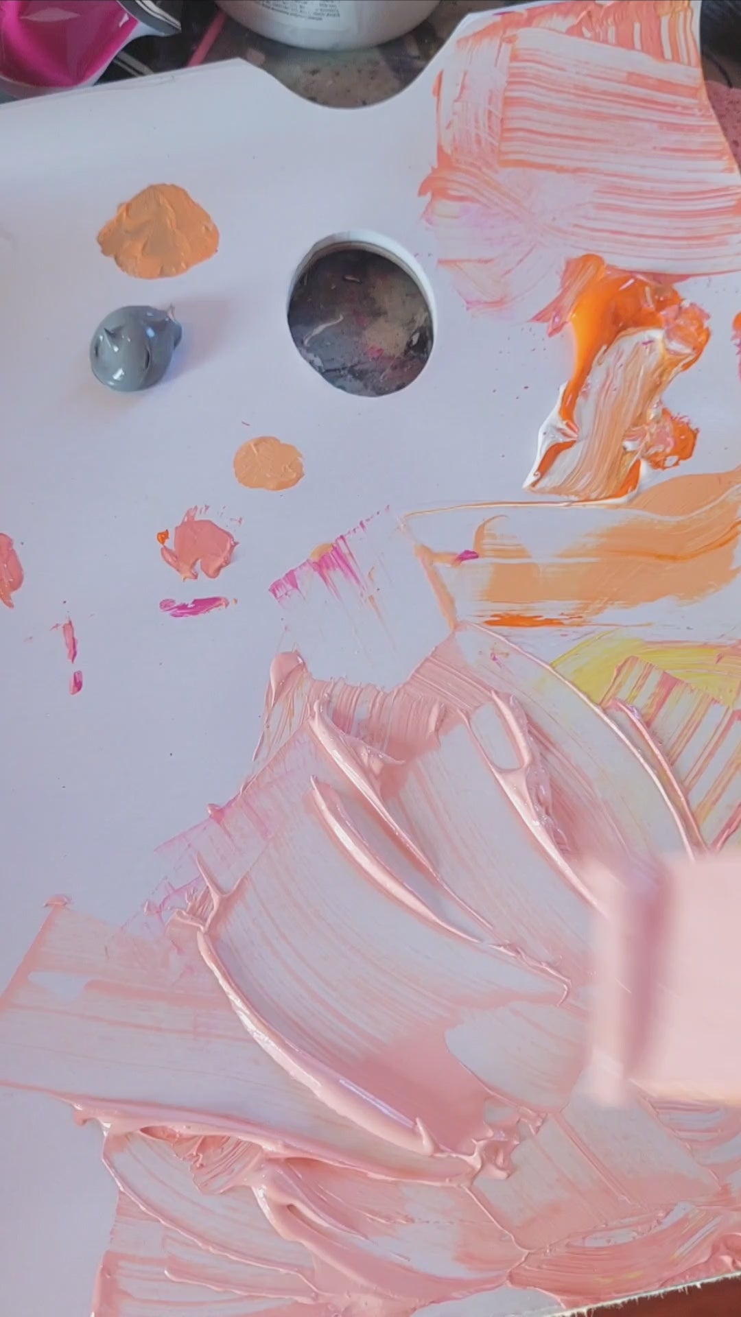 Colorful abstract pattern with pastel shades on a light blue/pink background. Hand painted acrylic canvas painting titled gelato