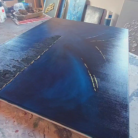 video of Horizon Blue, black, gold and Textured Abstract Art Canvas