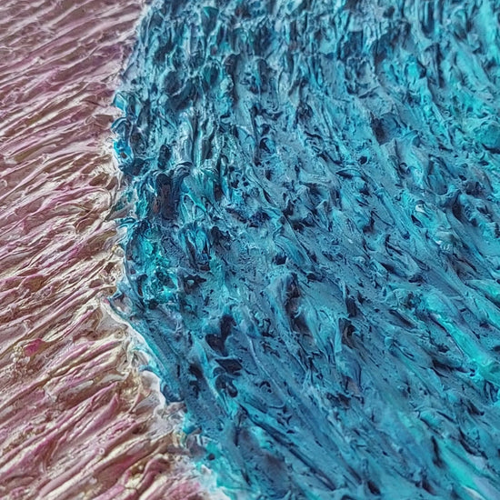highly texture chalk, acrylic paint canvas artwork in shades of blue, black and cream, titled Flow