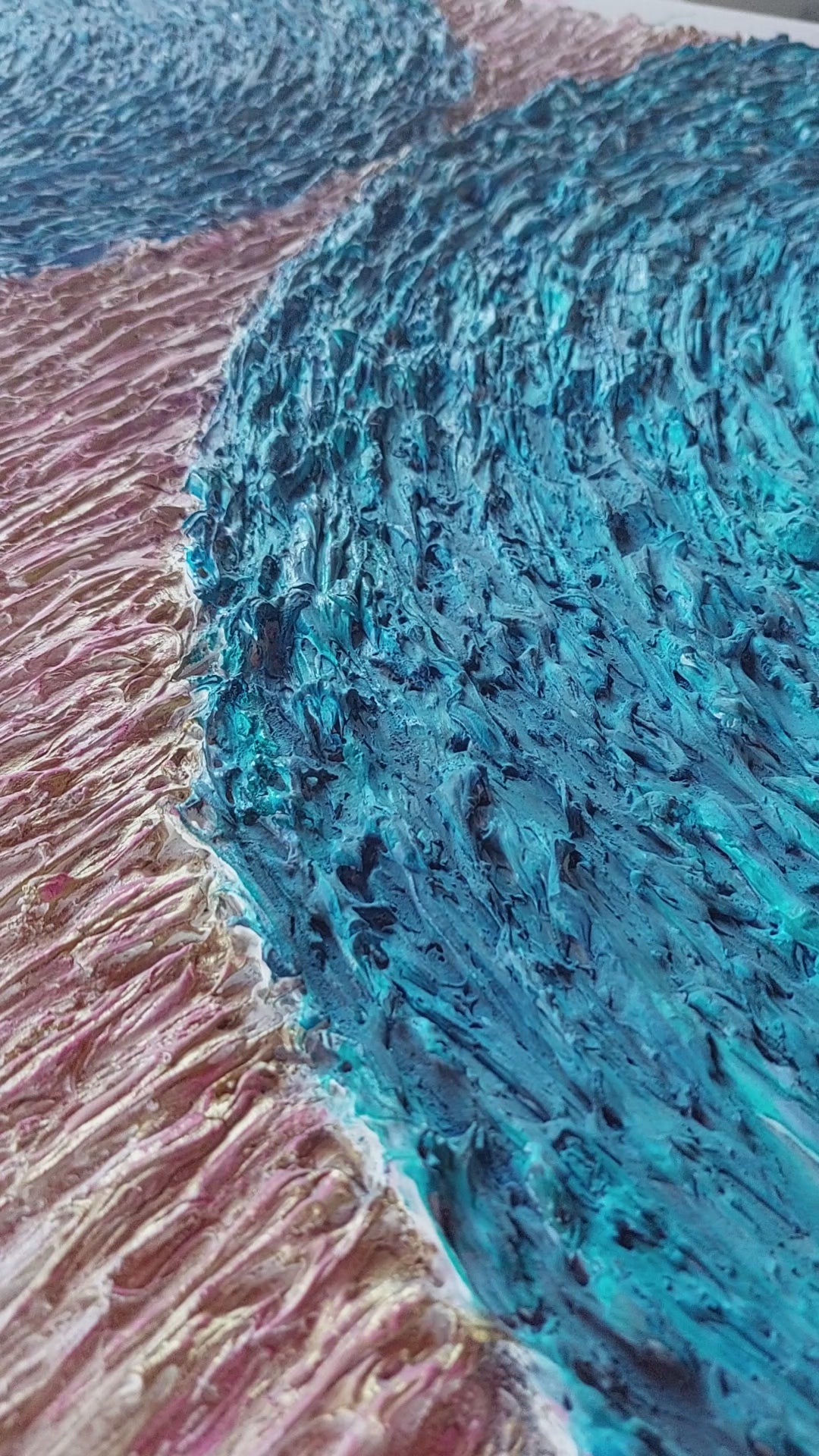 highly texture chalk, acrylic paint canvas artwork in shades of blue, black and cream, titled Flow