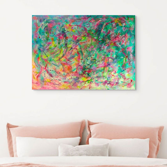 Abstract artwork with vibrant colours and dynamic brush strokes, original canvas art by Julie Bevan in bedroom situation