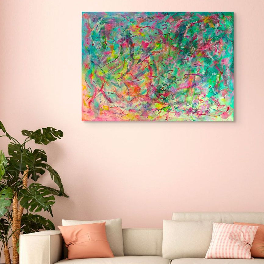 Abstract artwork with vibrant colours and dynamic brush strokes, original canvas art by Julie Bevan Living Room situation