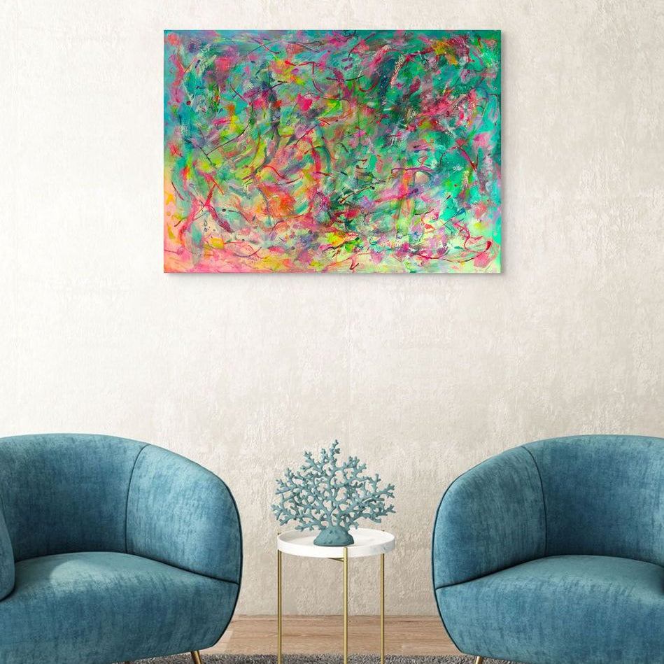 Abstract artwork with vibrant colours and dynamic brush strokes, original canvas art by Julie Bevan in living room