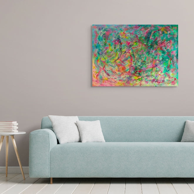 Abstract artwork with vibrant colours and dynamic brush strokes, original canvas art by Julie Bevan In living room situation