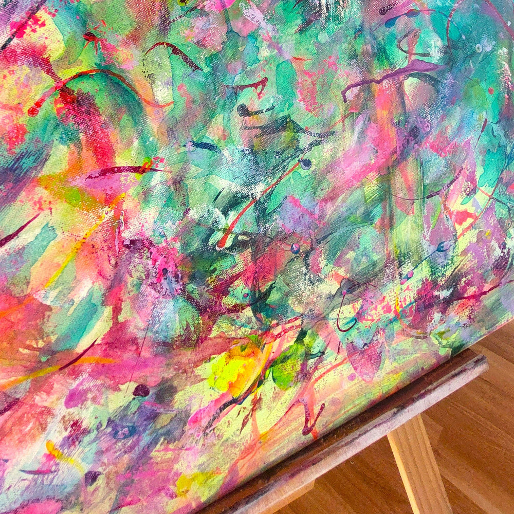 Abstract artwork with vibrant colours and dynamic brush strokes, original canvas art by Julie Bevan close-up