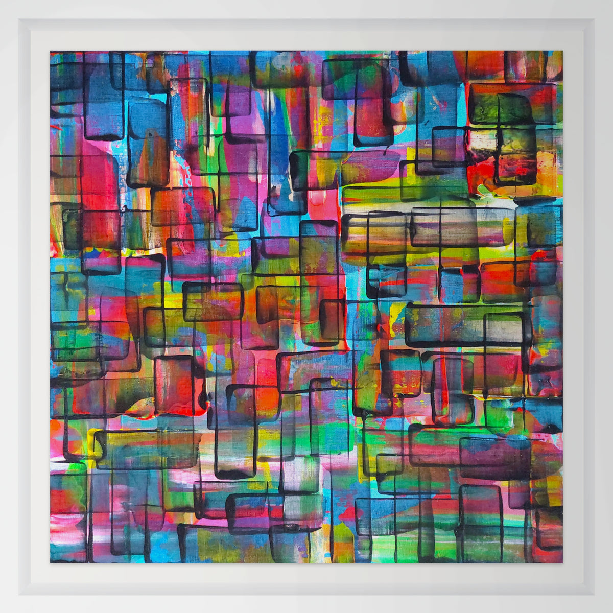 A framed abstract geometric painting featuring a vibrant mosaic of colorful rectangular blocks and intersecting lines in blue, red, green, purple, yellow, and orange, enclosed in a white frame.