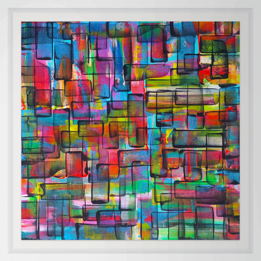 A framed abstract geometric painting featuring a vibrant mosaic of colorful rectangular blocks and intersecting lines in blue, red, green, purple, yellow, and orange, enclosed in a white frame.