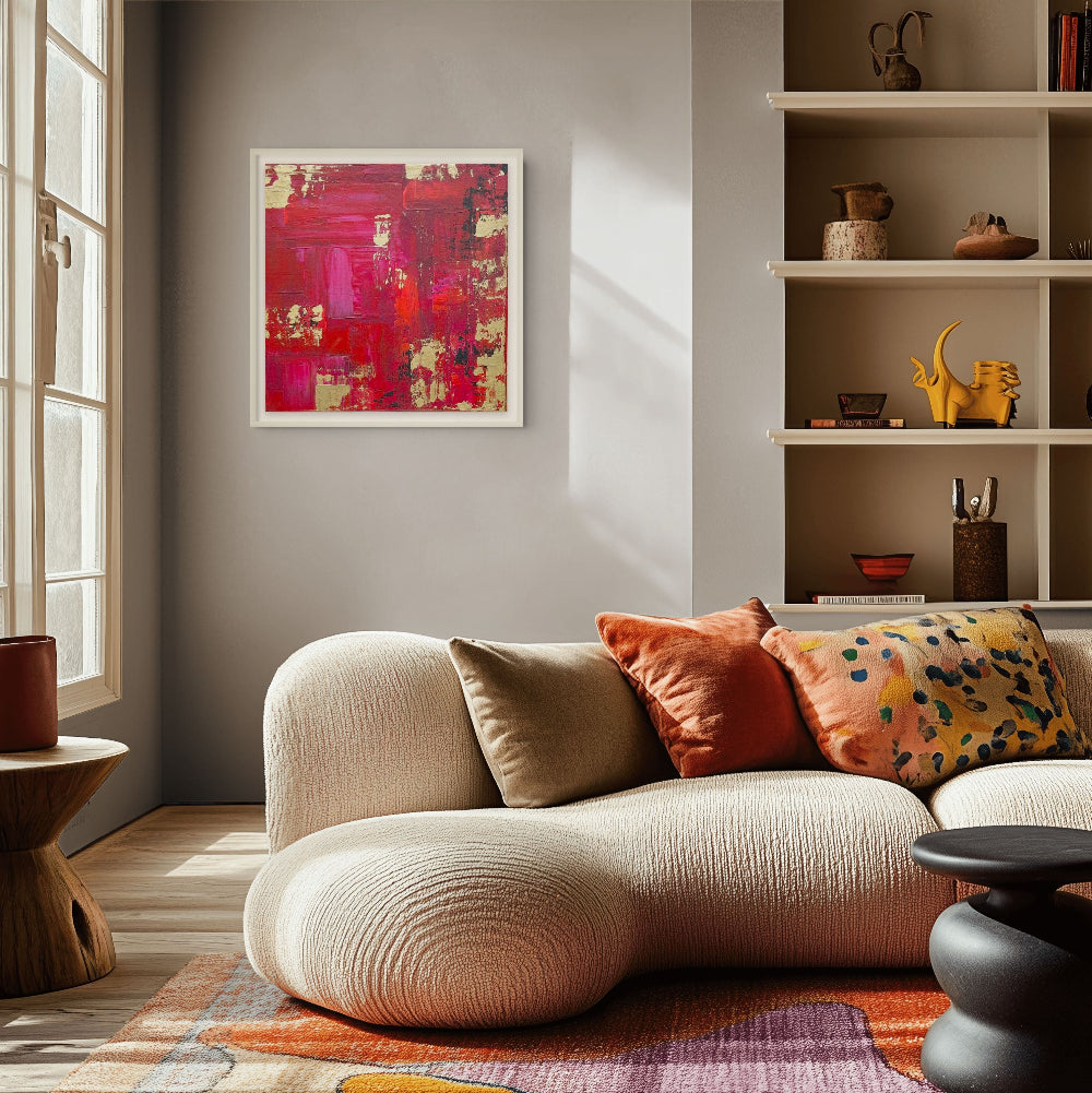 A framed abstract painting with bold red, magenta, and pink brushstrokes hangs on a gray wall in a modern living room setting with a textured cream sofa and colorful throw pillows. Samhain No.1 limited edition print by julie bevan