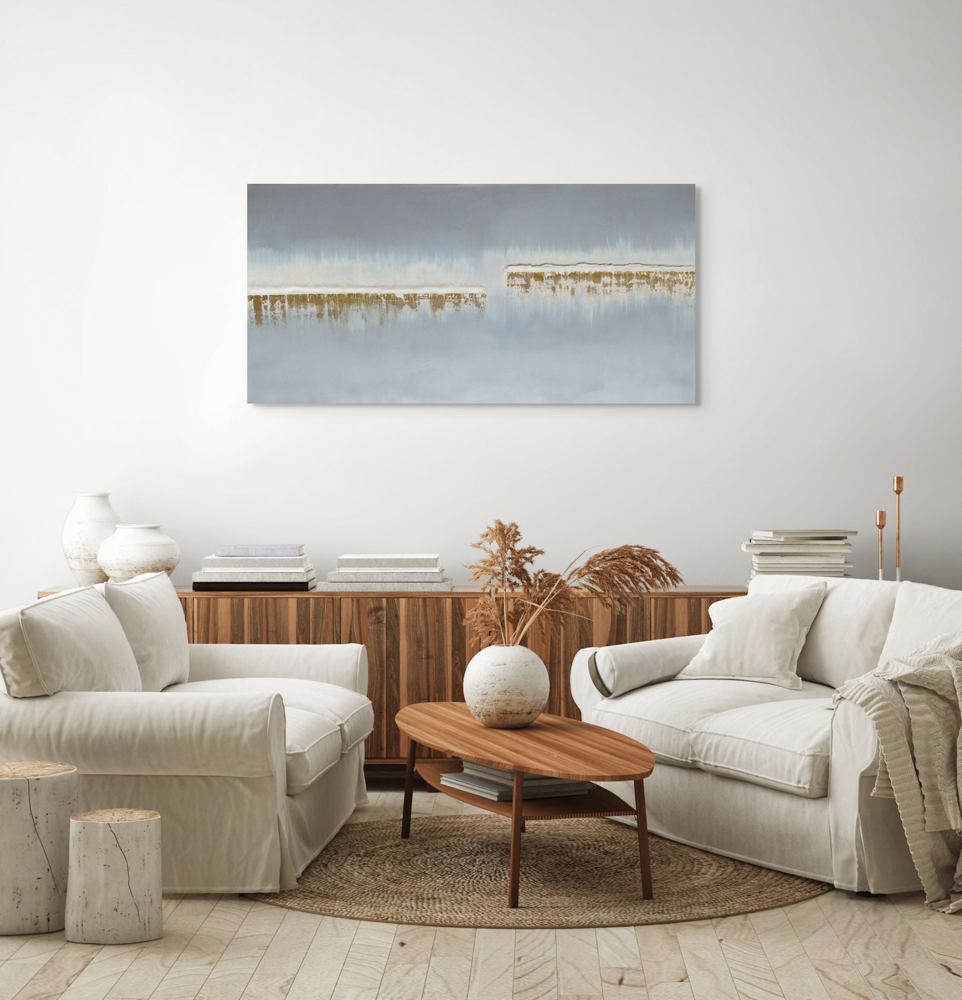 ships in the night canvas painting in gold silver and cream, original art