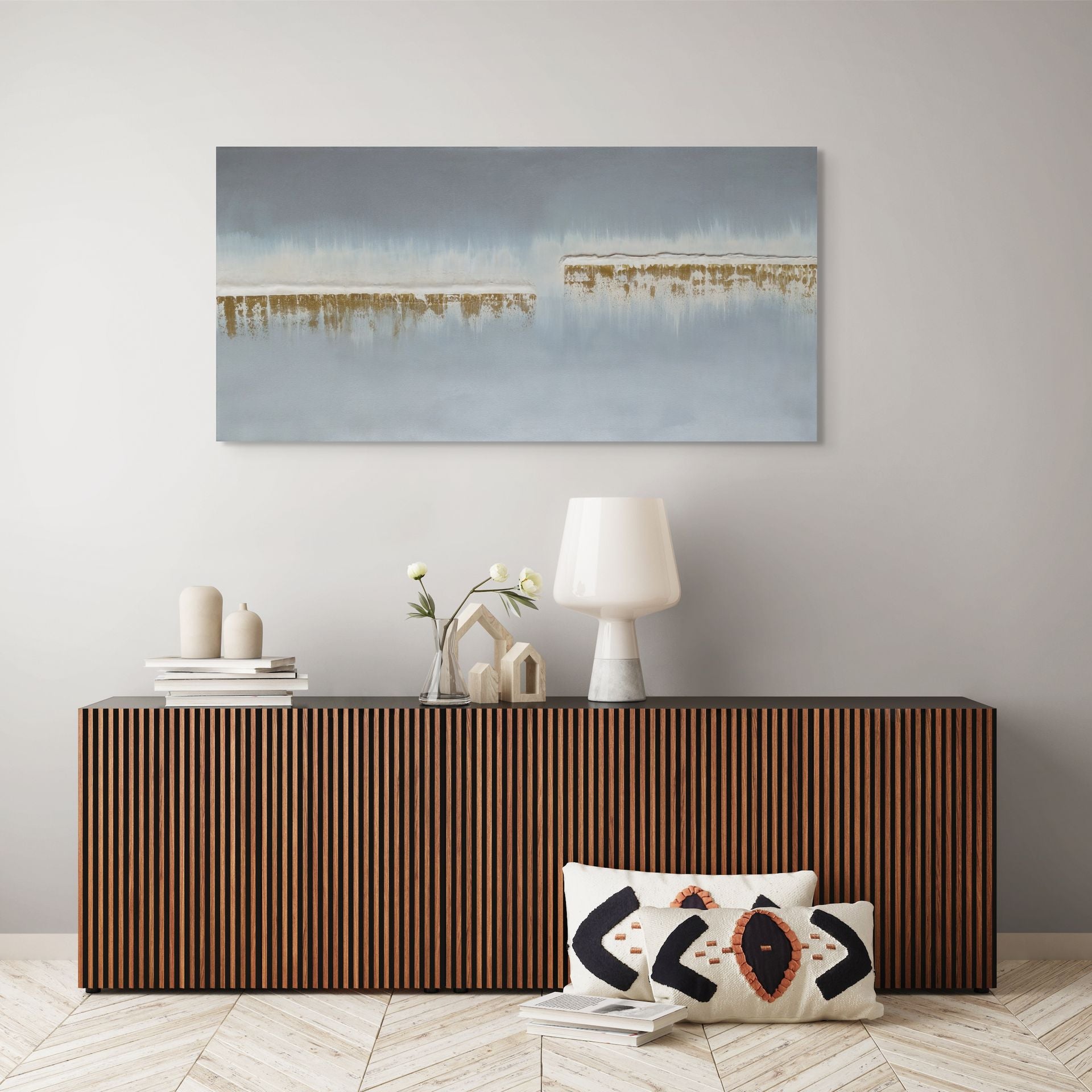 ships in the night canvas painting in gold silver and cream, original art