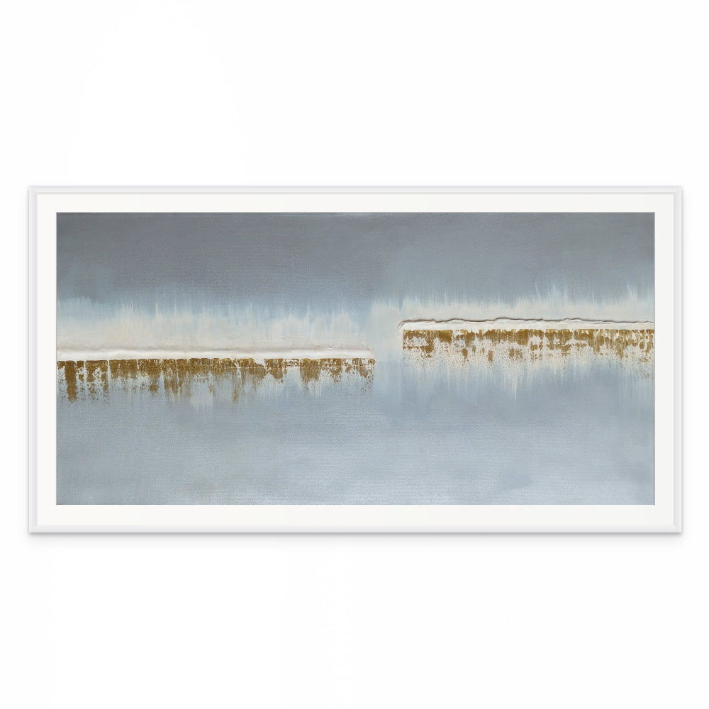 Framed artwork of a landscape with water and reflections on a white background