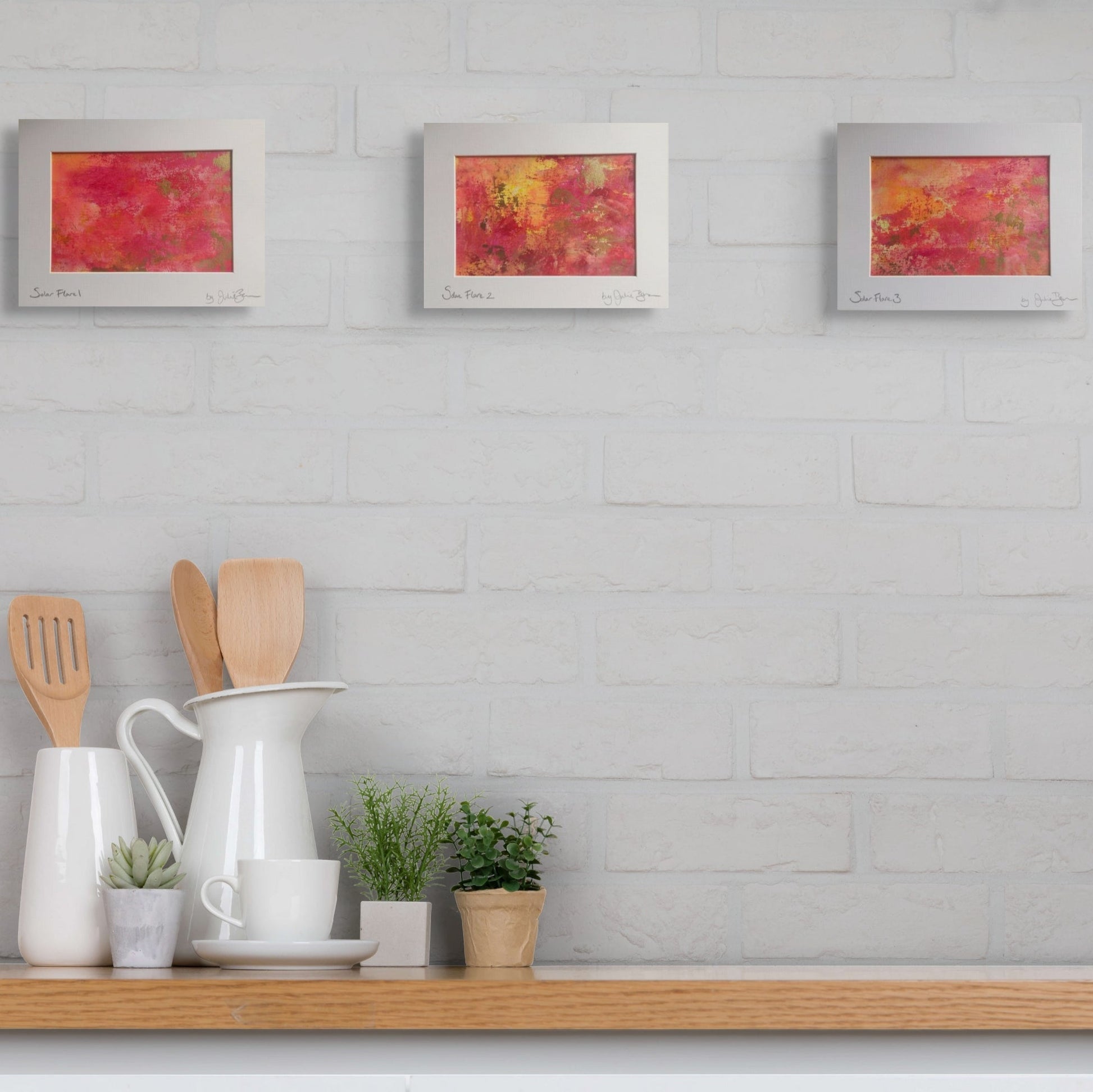 Solar Flare I, II , III, Original Paintings, red, pink, gold abstract