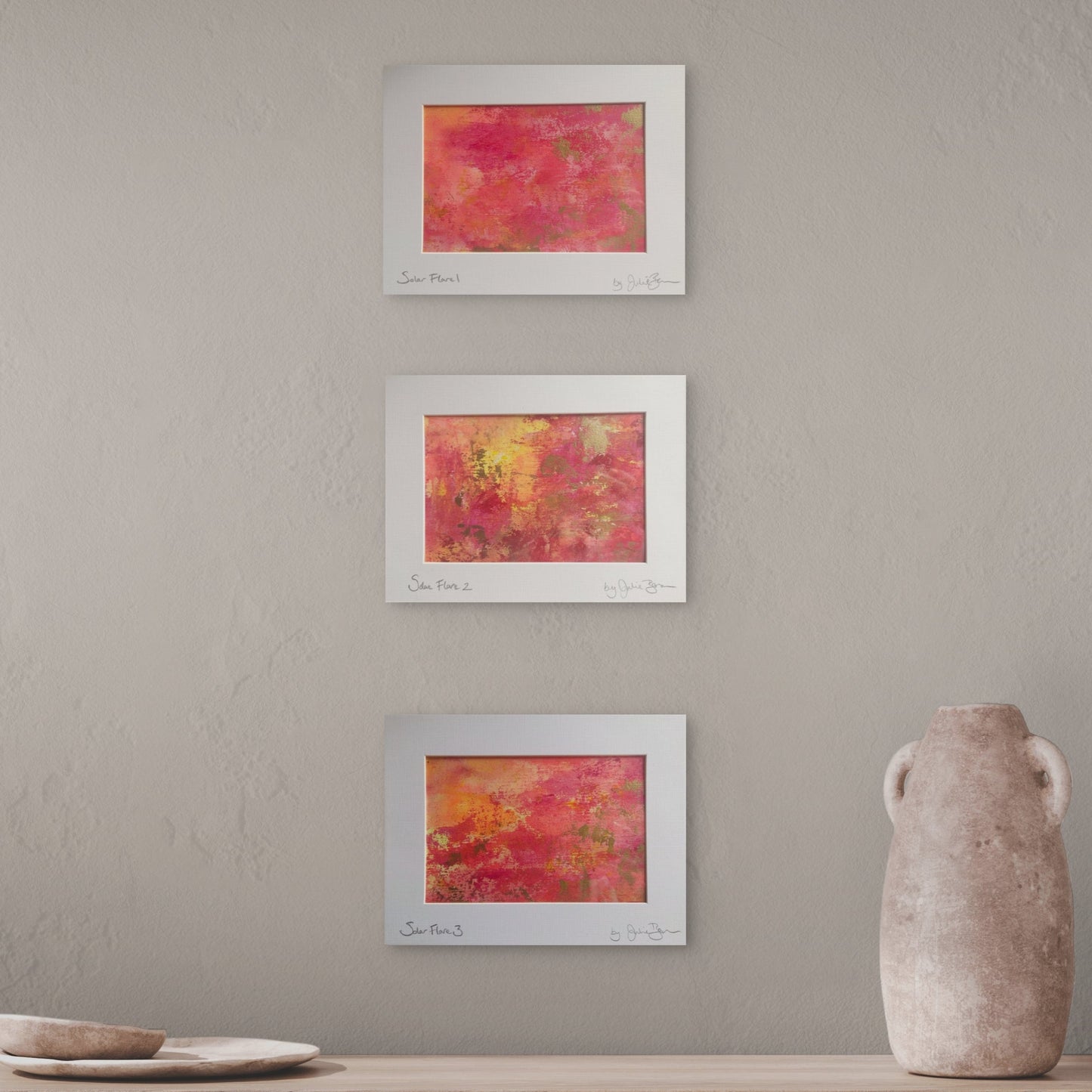 Solar Flare I, II , III, Original Paintings, red, pink, gold abstract
