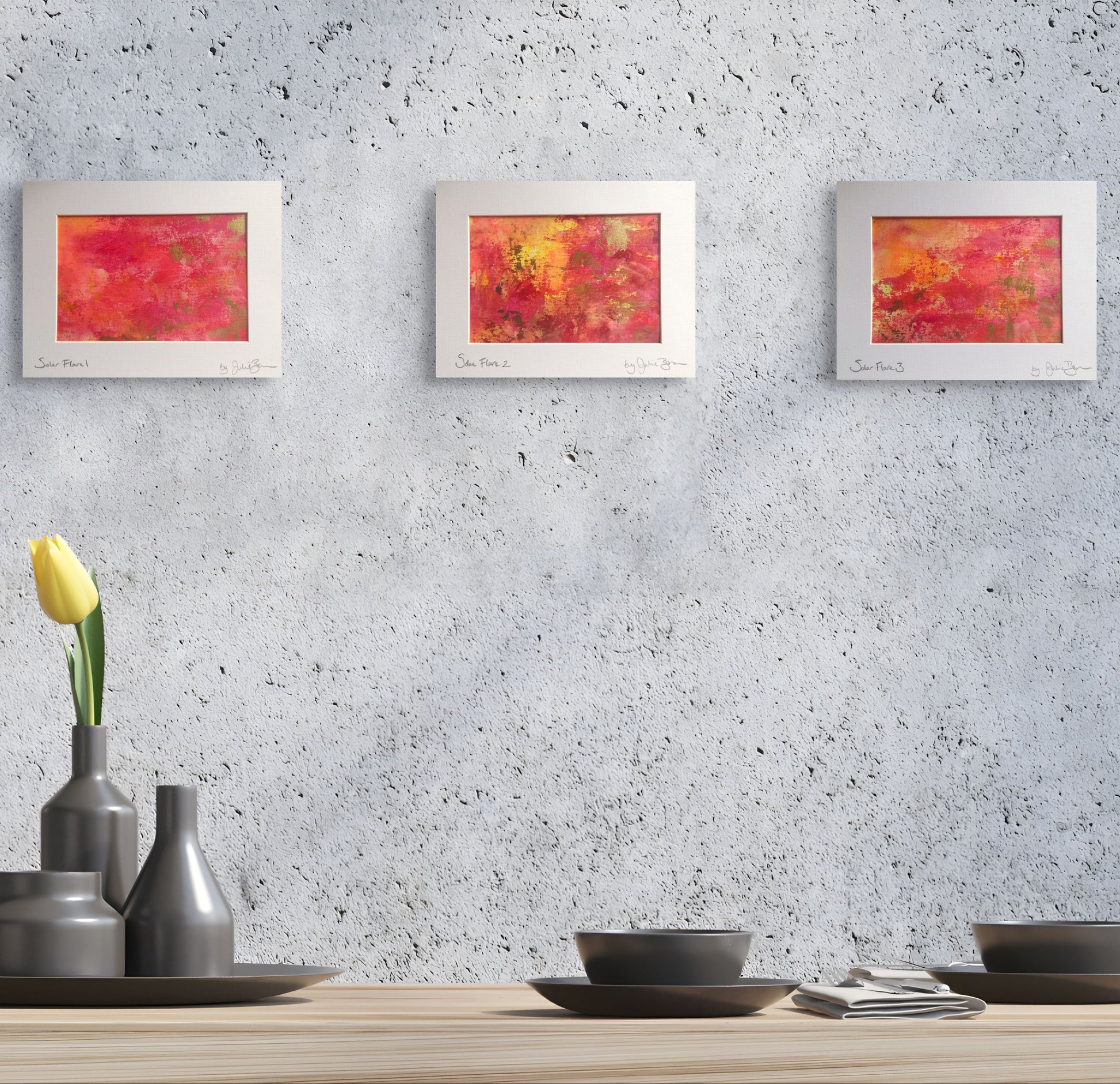 Solar Flare I, II , III, Original Paintings, red, pink, gold 