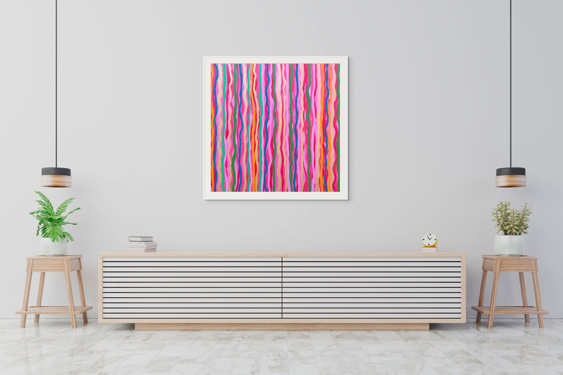 Red, blue, yellow and pink abstract stripes fine art print, Stripes