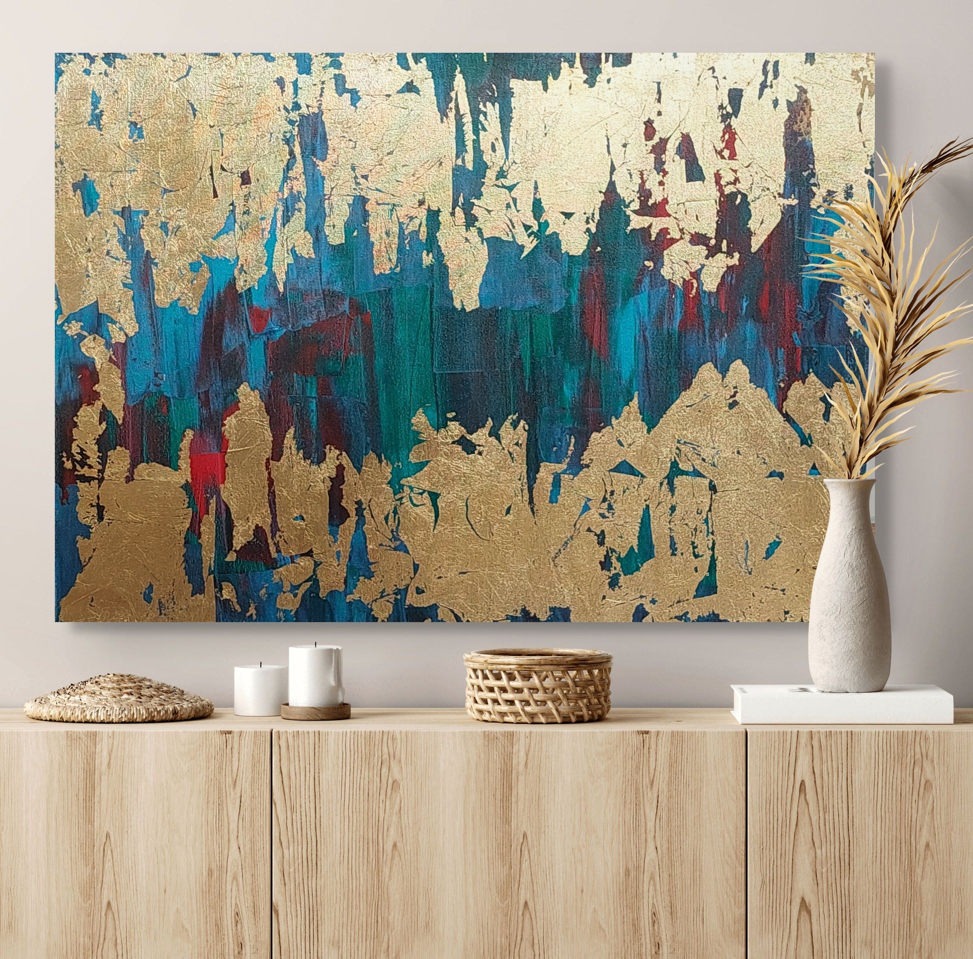 Blue, red, green and gold acrylic canvas art