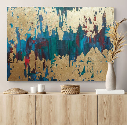Blue, red, green and gold acrylic canvas art