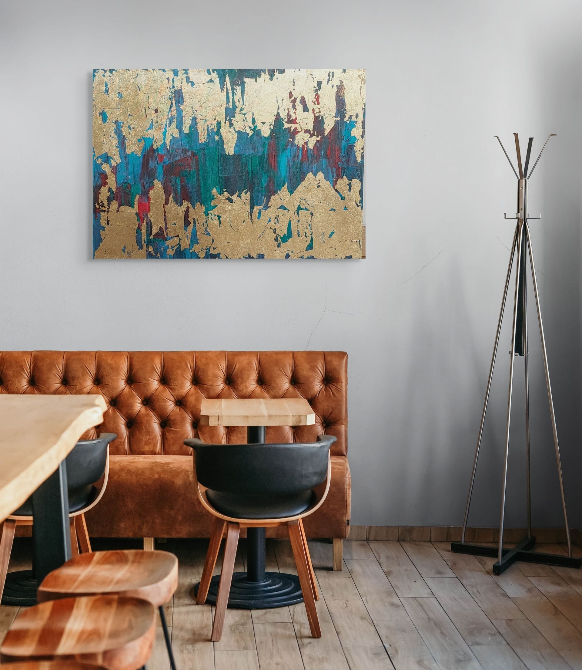 Blue, red, green and gold acrylic canvas art, superficial, julie bevan art
