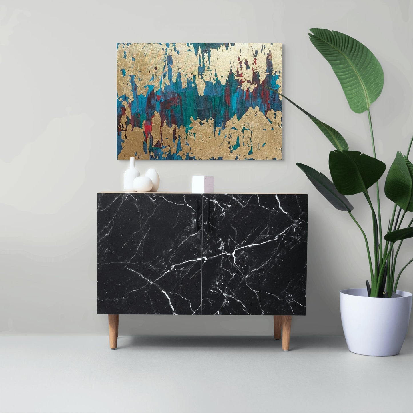 Blue, red, green and gold acrylic canvas art
