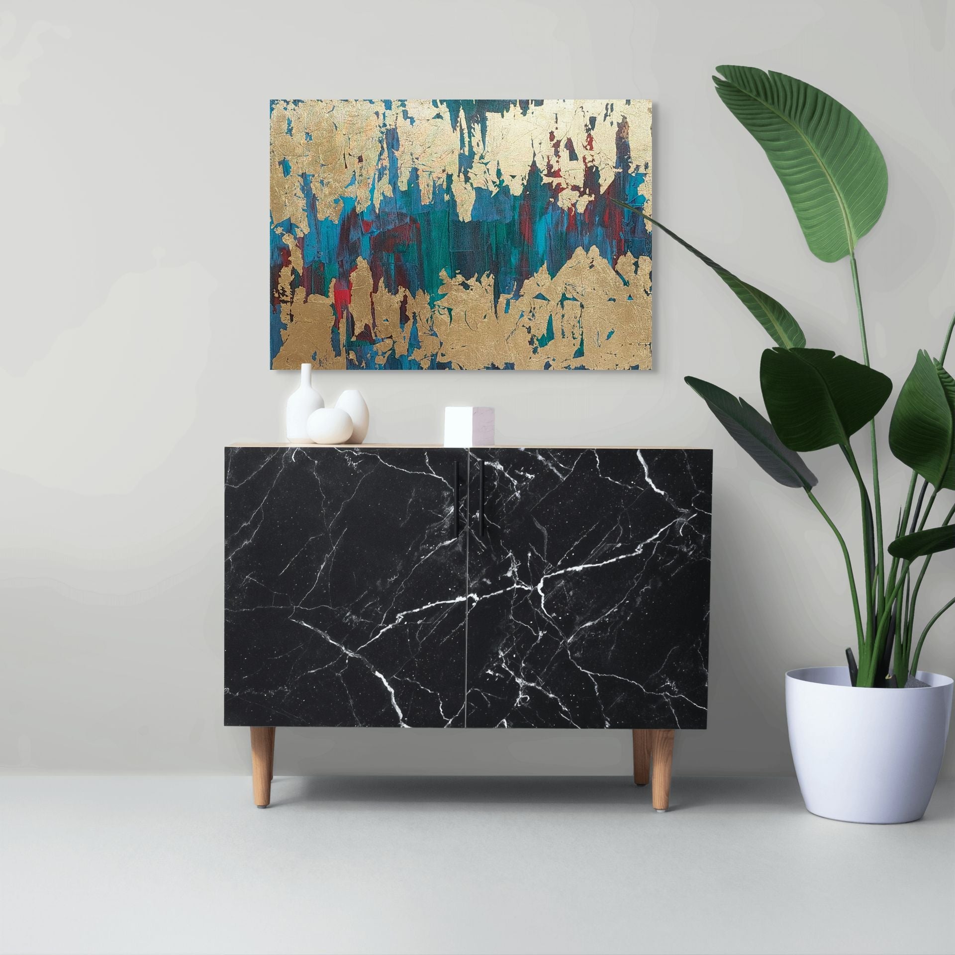 Blue, red, green and gold acrylic canvas art