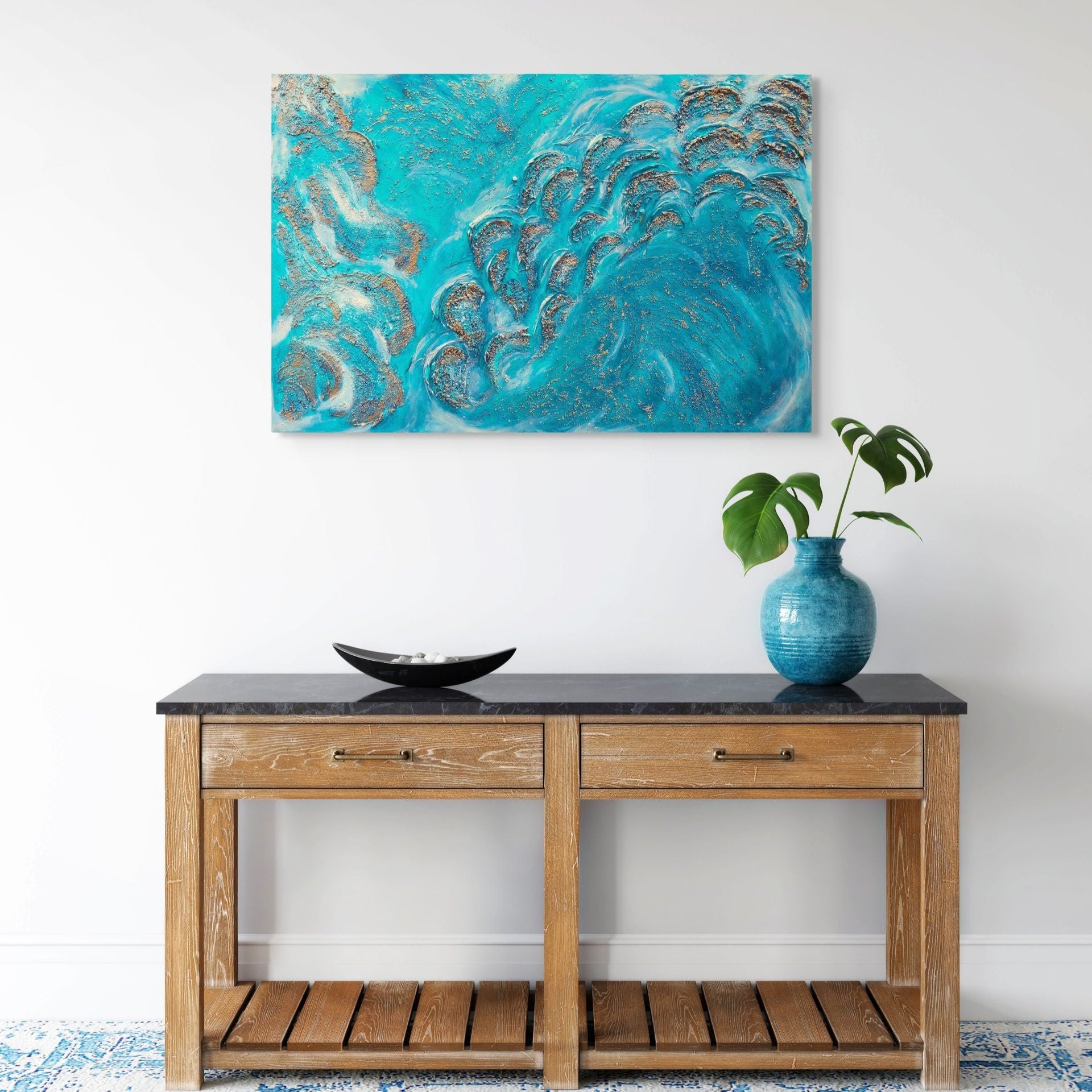 Textured acrylic canvas original painting, blue, gold, turquoise, white