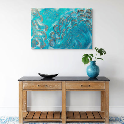 Textured acrylic canvas original painting, blue, gold, turquoise, white