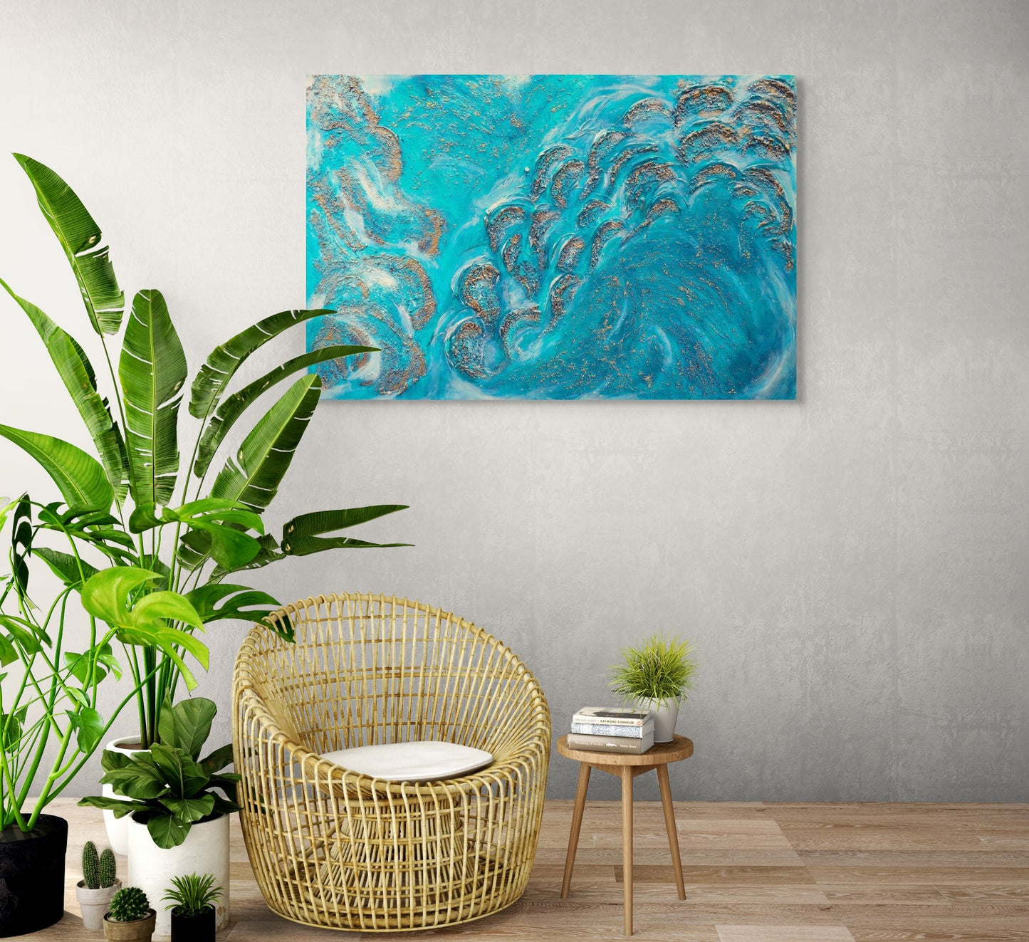 Textured acrylic canvas original painting, blue, gold, turquoise, white