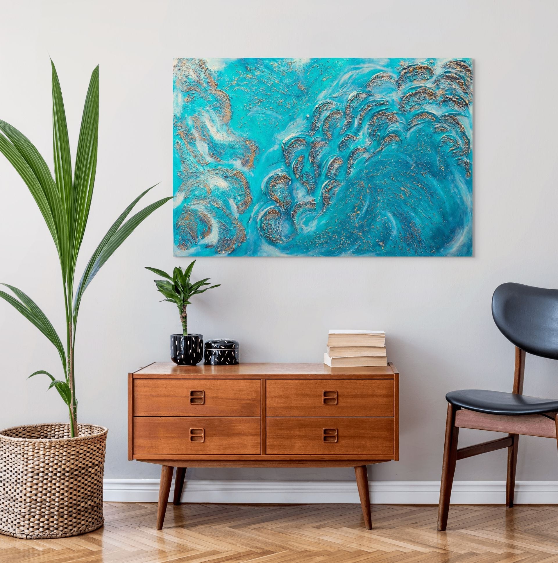 Textured acrylic canvas original painting, blue, gold, turquoise, white