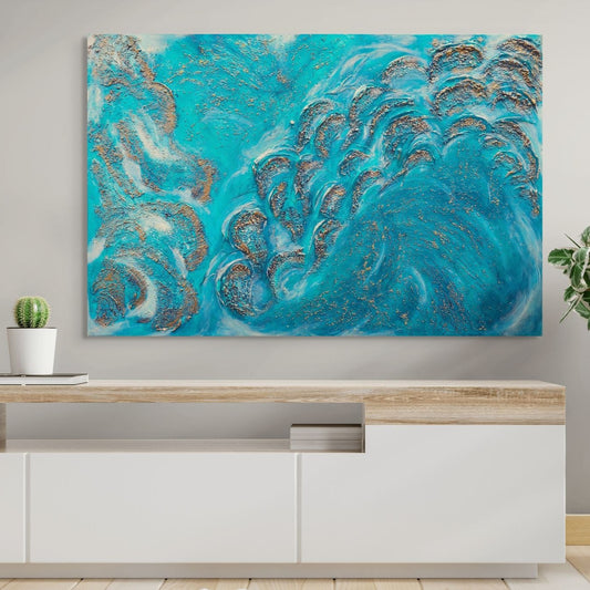 Textured acrylic canvas original painting, blue, gold, turquoise, white, in living room
