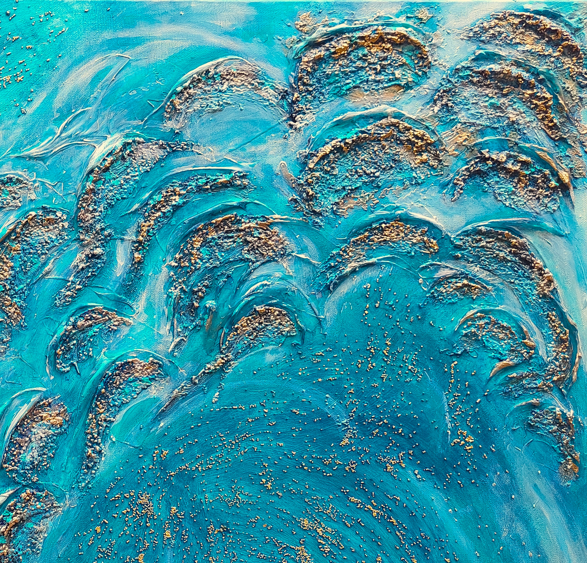 Textured acrylic canvas original painting, blue, gold, turquoise, white, close up