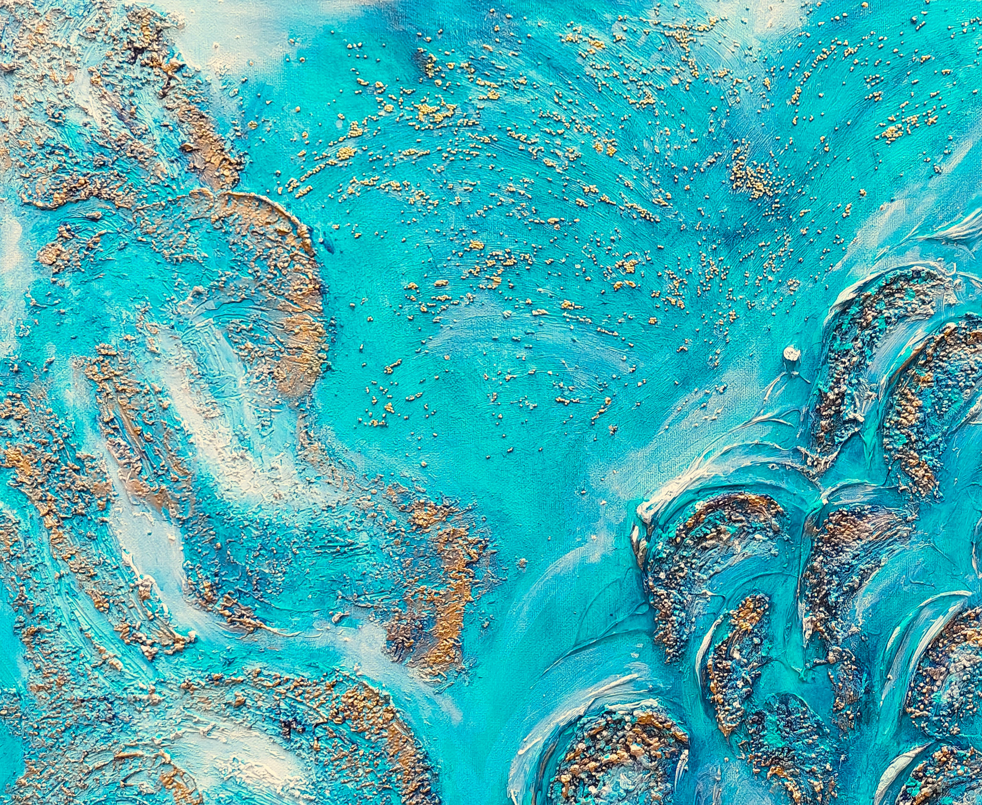 Textured acrylic canvas original painting, blue, gold, turquoise, white, close up details