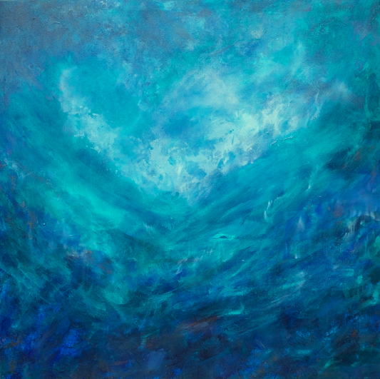Abstract painting of swirling blue and green colors Swiss blue surf, original canvas painting