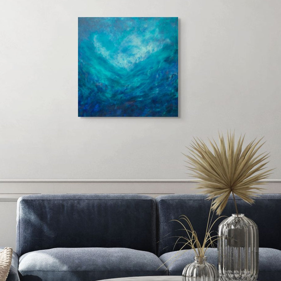 Abstract painting of swirling blues colours, hand painted Swiss blue surf, original canvas painting