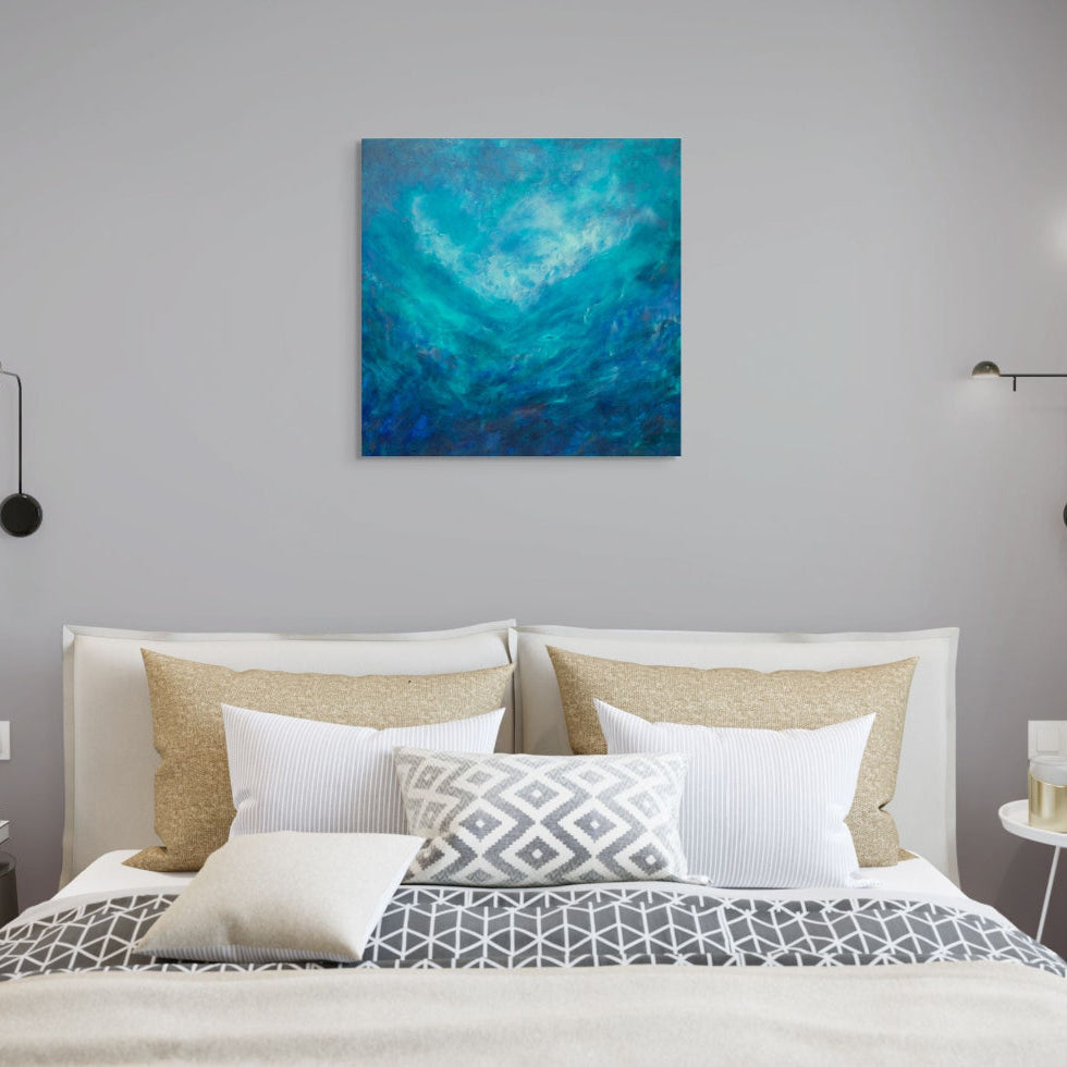 Abstract painting of swirling blue and green colours Swiss blue surf, original canvas painting